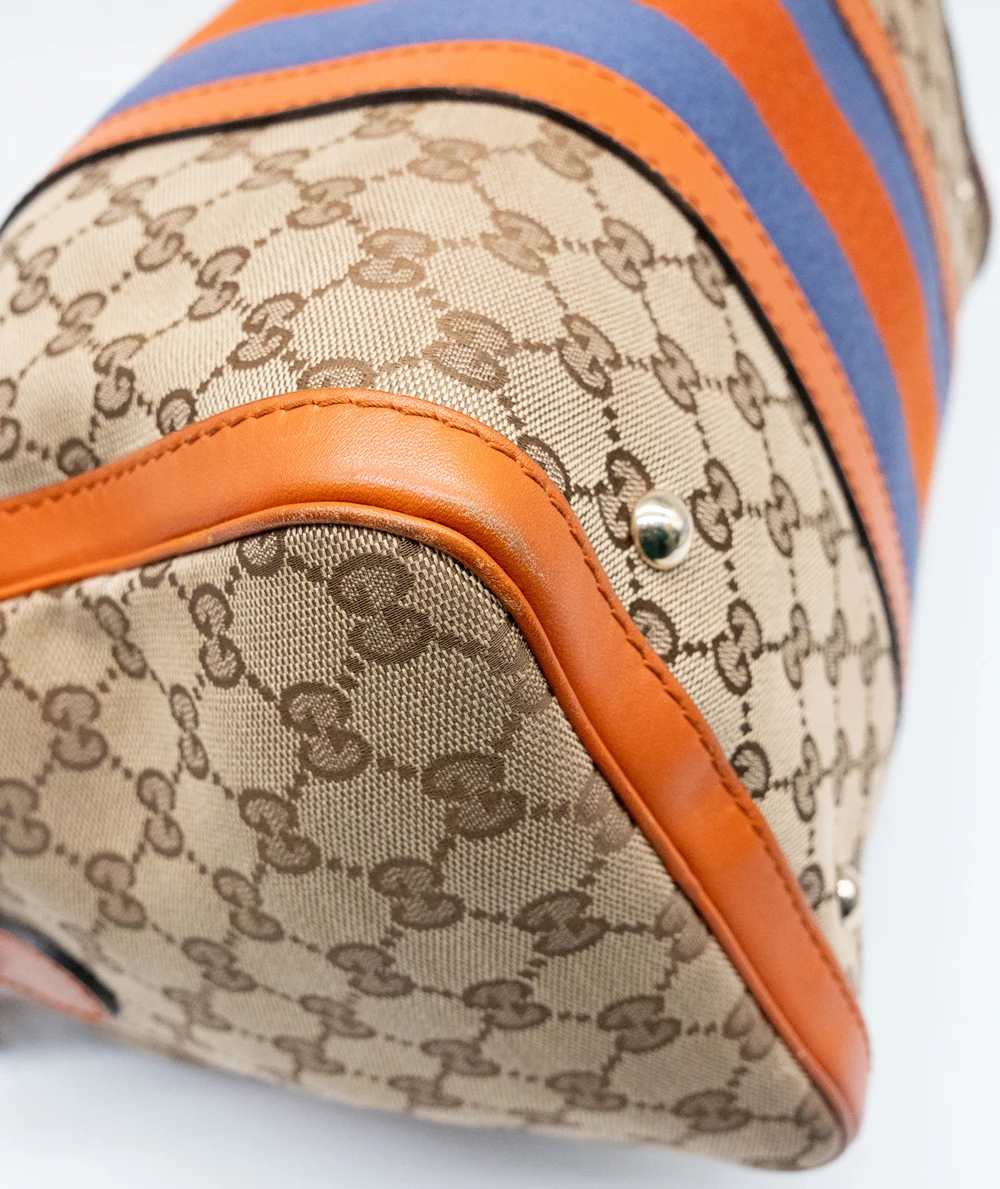 Gucci Beige/Brown GG Canvas And Orange Leather Medium Vintage Web Boston Bag