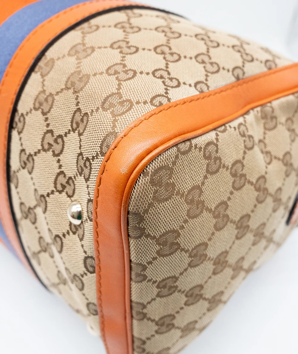 Gucci Beige/Brown GG Canvas And Orange Leather Medium Vintage Web Boston Bag