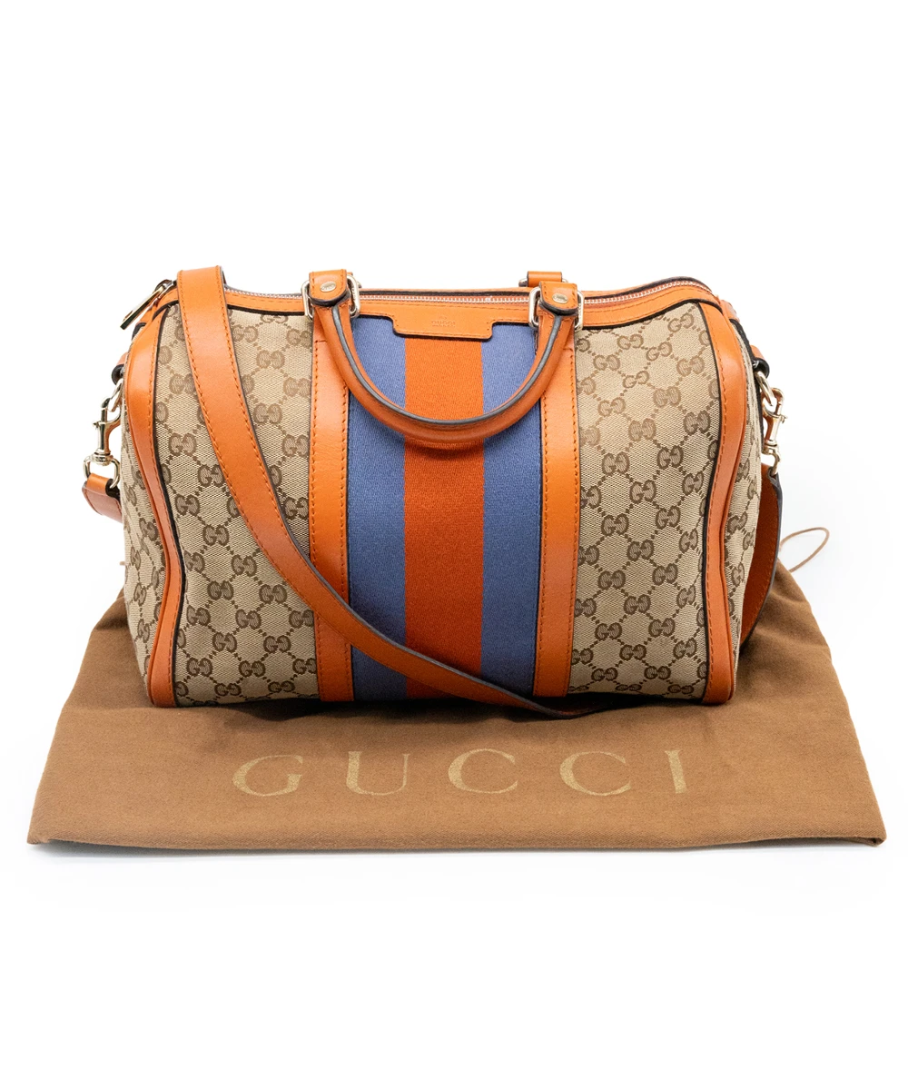 Gucci Beige/Brown GG Canvas And Orange Leather Medium Vintage Web Boston Bag