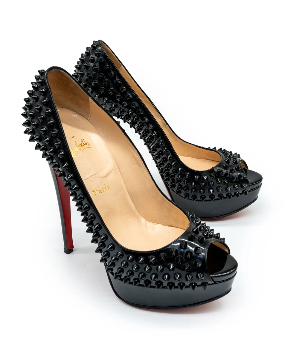 Christian Louboutin Size 39.5 Black Patent Leather Lady Peep Toe Spike Platform Pumps