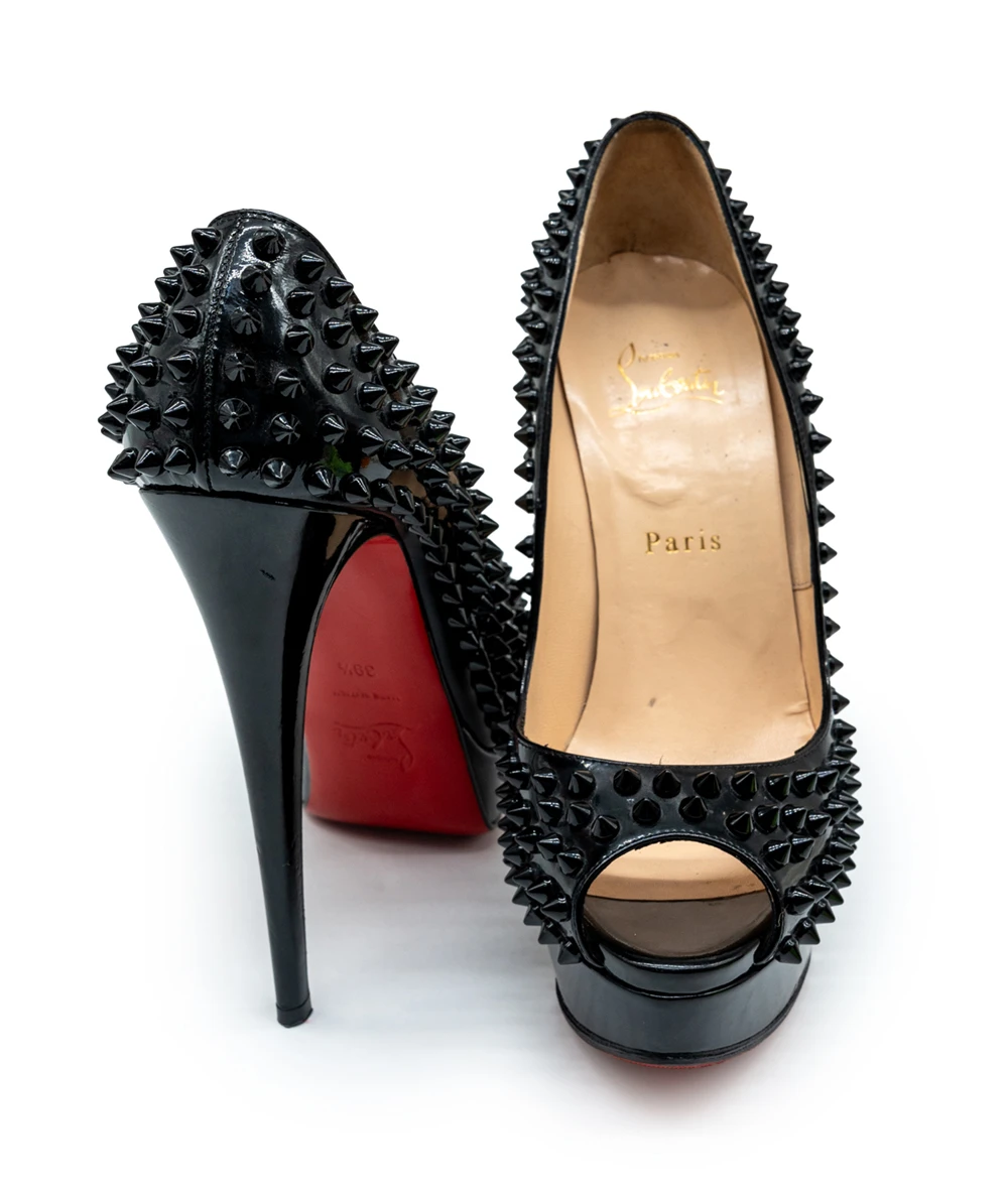 Christian Louboutin Size 39.5 Black Patent Leather Lady Peep Toe Spike Platform Pumps