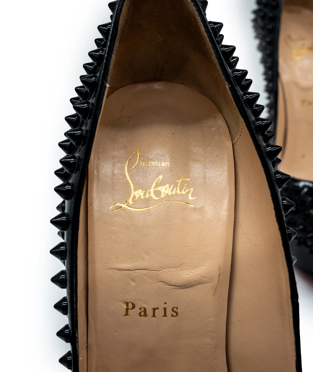 Christian Louboutin Size 39.5 Black Patent Leather Lady Peep Toe Spike Platform Pumps