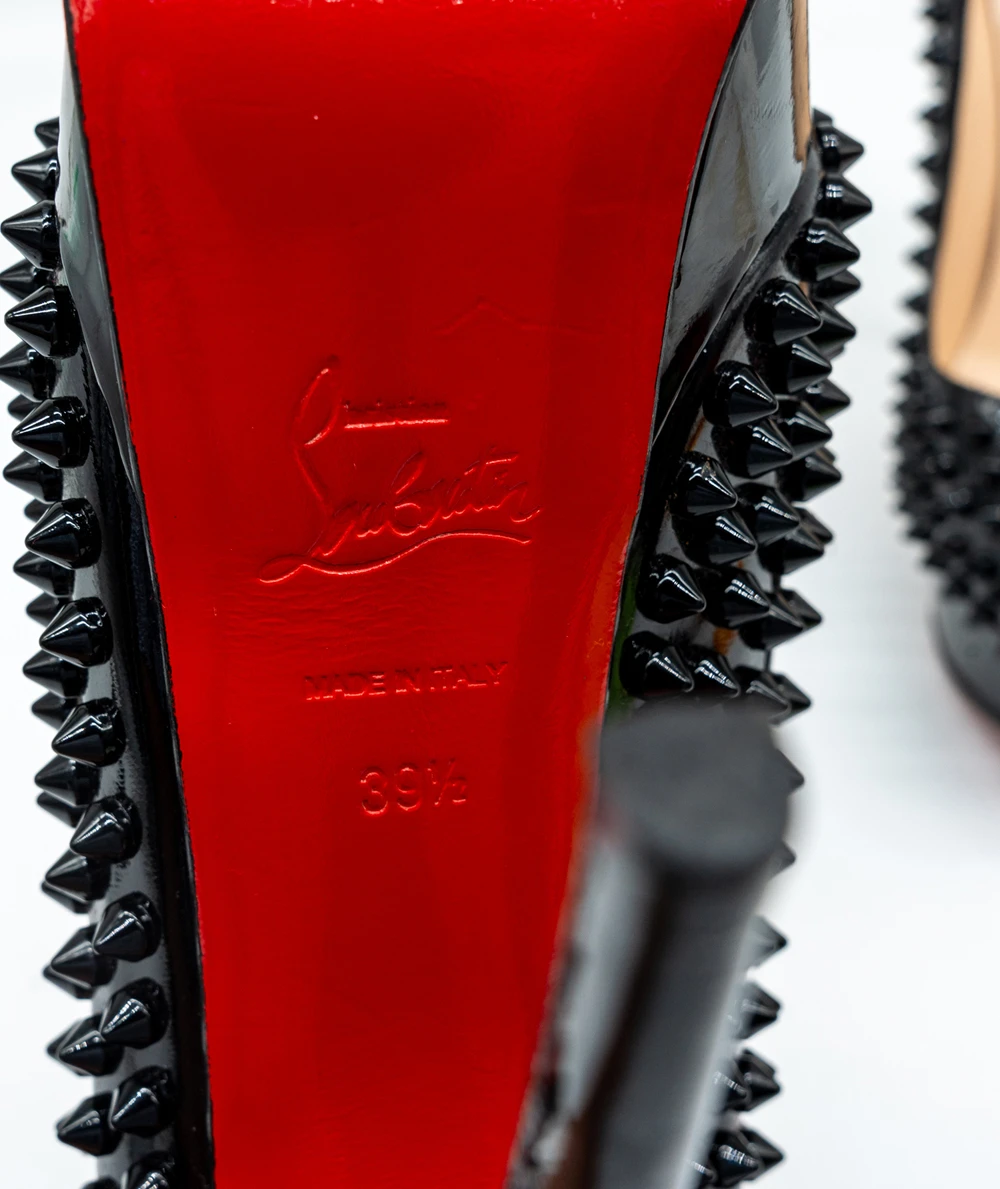 Christian Louboutin Size 39.5 Black Patent Leather Lady Peep Toe Spike Platform Pumps