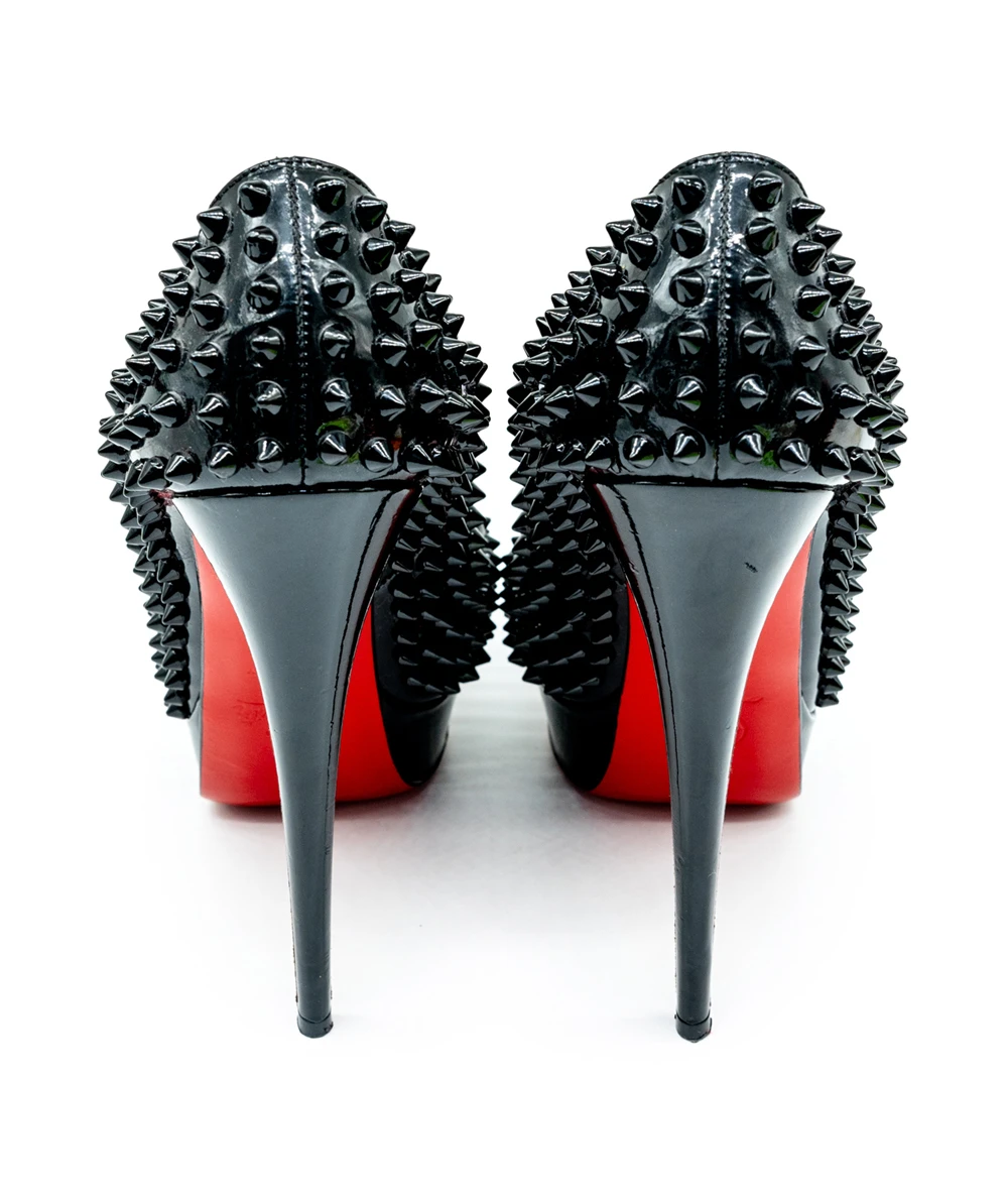 Christian Louboutin Size 39.5 Black Patent Leather Lady Peep Toe Spike Platform Pumps