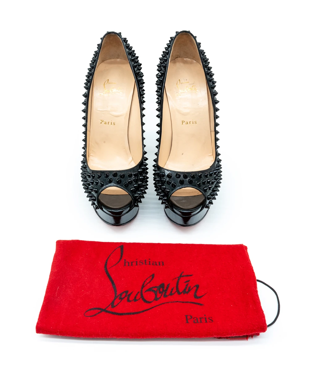 Christian Louboutin Size 39.5 Black Patent Leather Lady Peep Toe Spike Platform Pumps
