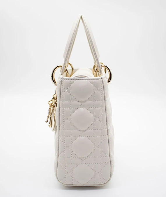 Christian Dior White Color Small Lady Dior Lambskin Leather Satchel Bag