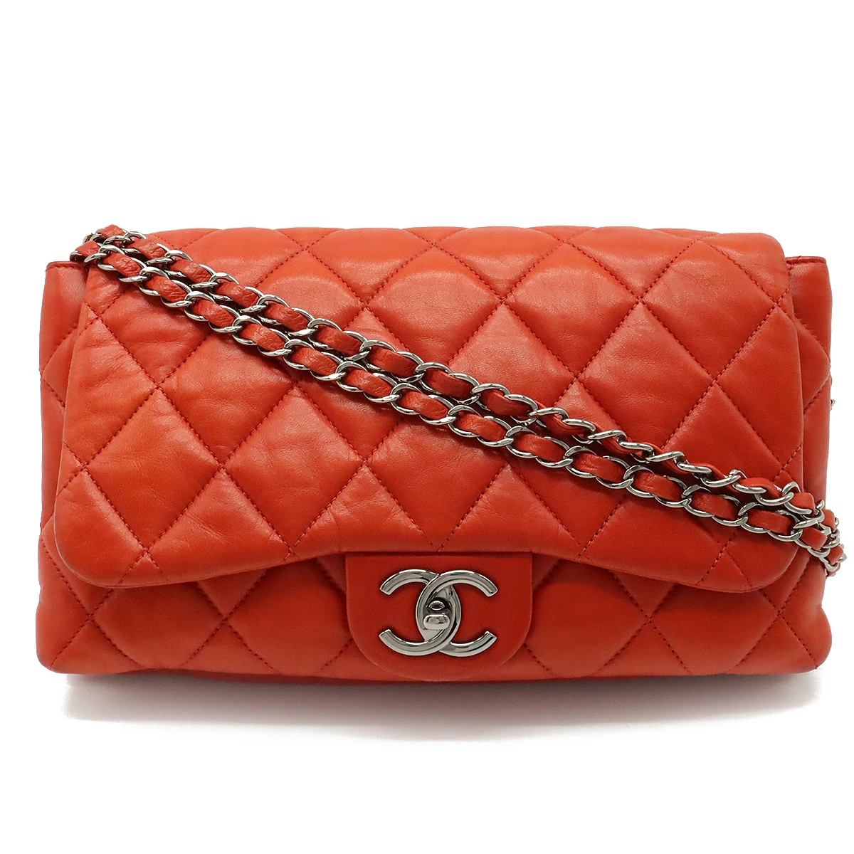Chanel Orange Quilted Lambskin Leather Accordion Flap Bag