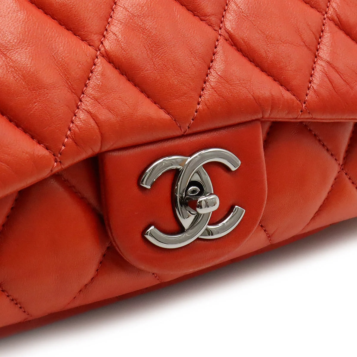 Chanel Orange Quilted Lambskin Leather Accordion Flap Bag