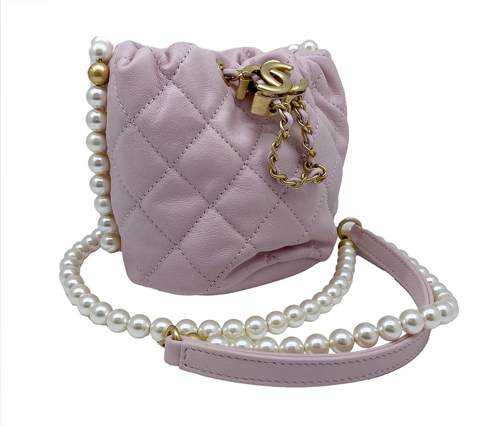 Chanel Pink Calfskin Leather Mini About Pearls Drawstring Bucket Bag