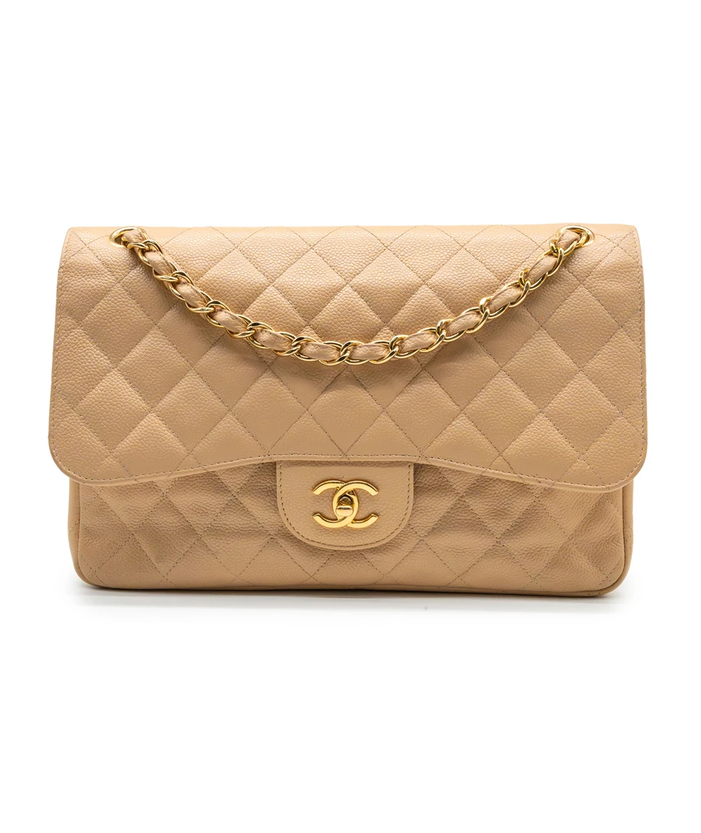 Chanel Beige Classic Double Flap Jumbo in Caviar Leather with Gold Hardware