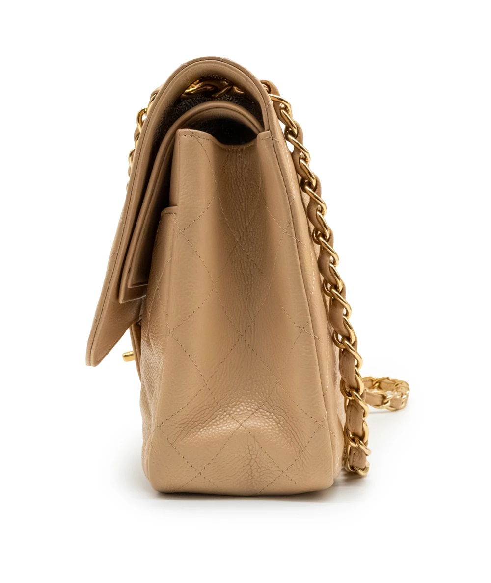 Chanel Beige Classic Double Flap Jumbo in Caviar Leather with Gold Hardware