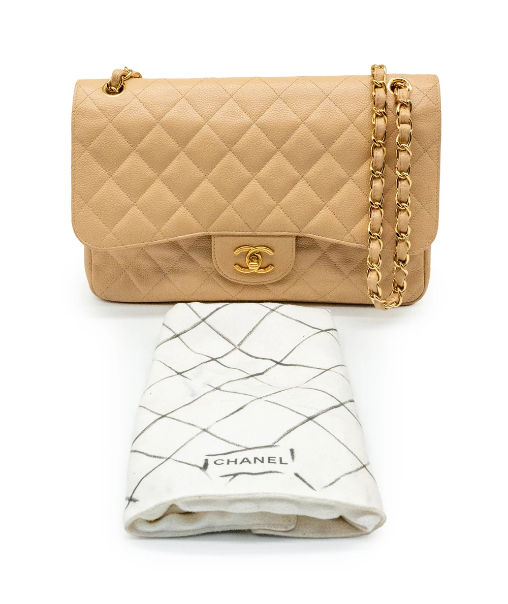 Chanel Beige Classic Double Flap Jumbo in Caviar Leather with Gold Hardware