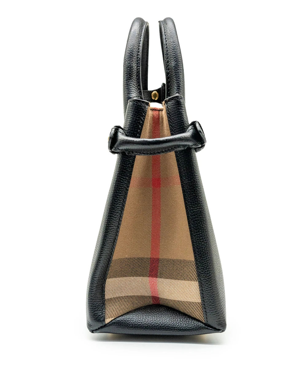 Burberry Black Leather and House Check Fabric Small Banner Tote