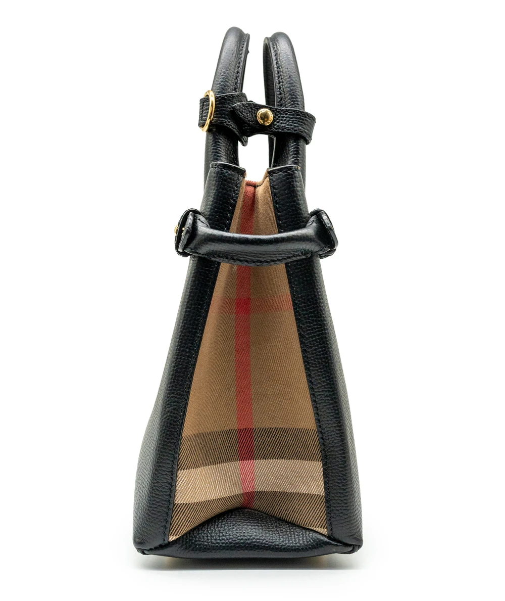Burberry Black Leather and House Check Fabric Small Banner Tote