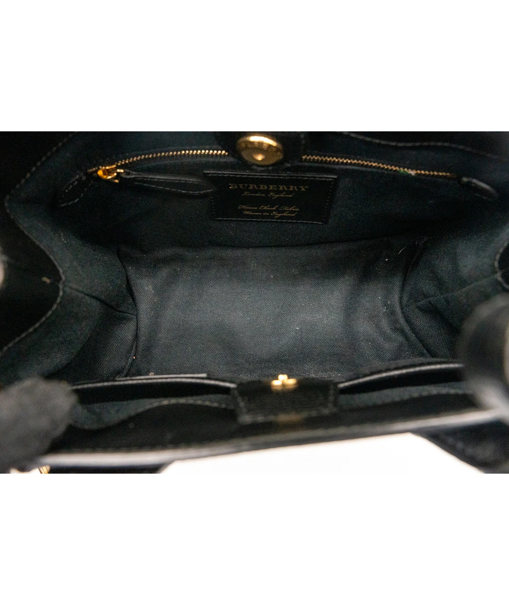Burberry Black Leather and House Check Fabric Small Banner Tote