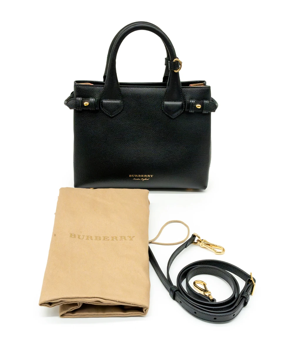 Burberry Black Leather and House Check Fabric Small Banner Tote