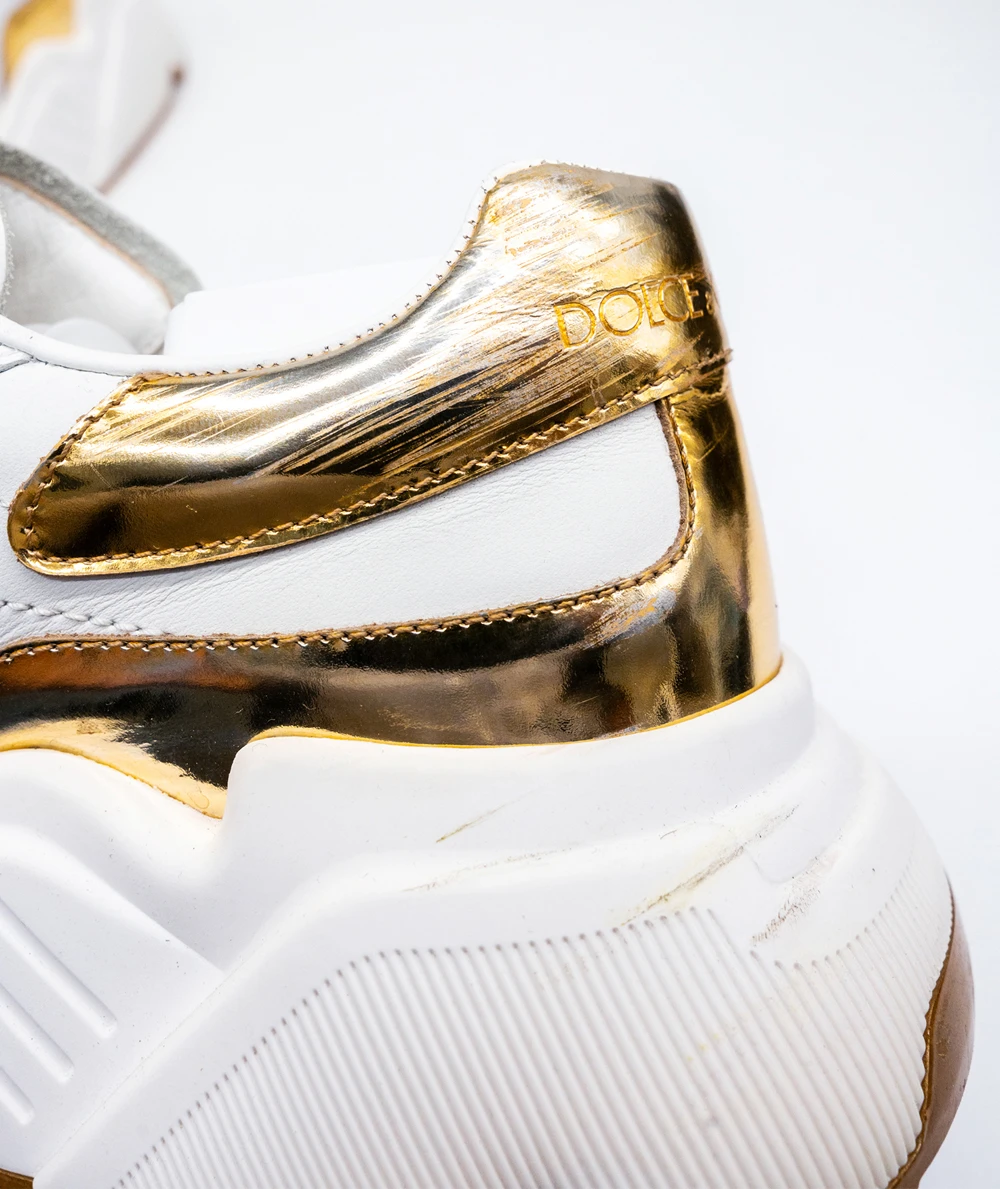 Dolce  Gabbana Size 40 White/Golden Patent Leather Super King Low Top Sneakers