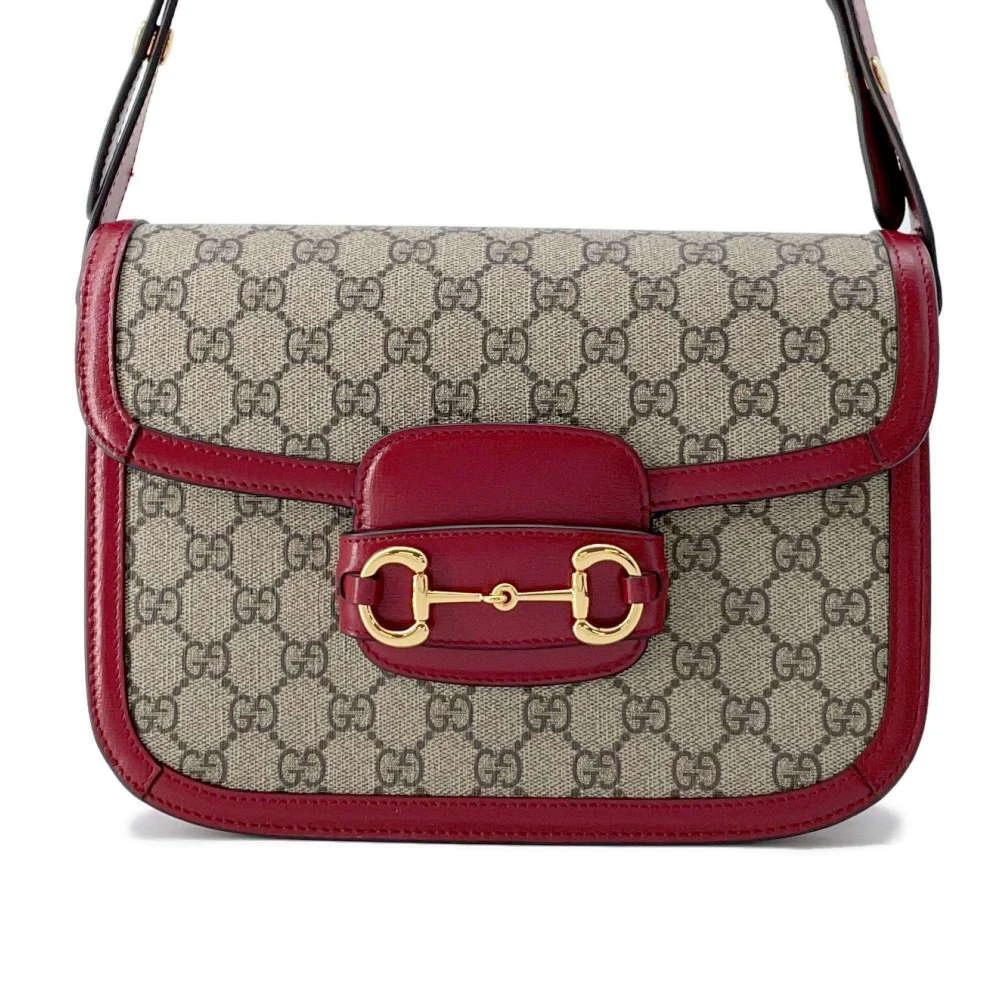 Gucci Beige/Red GG Canvas and Leather 1955 Horsebit Shoulder Bag