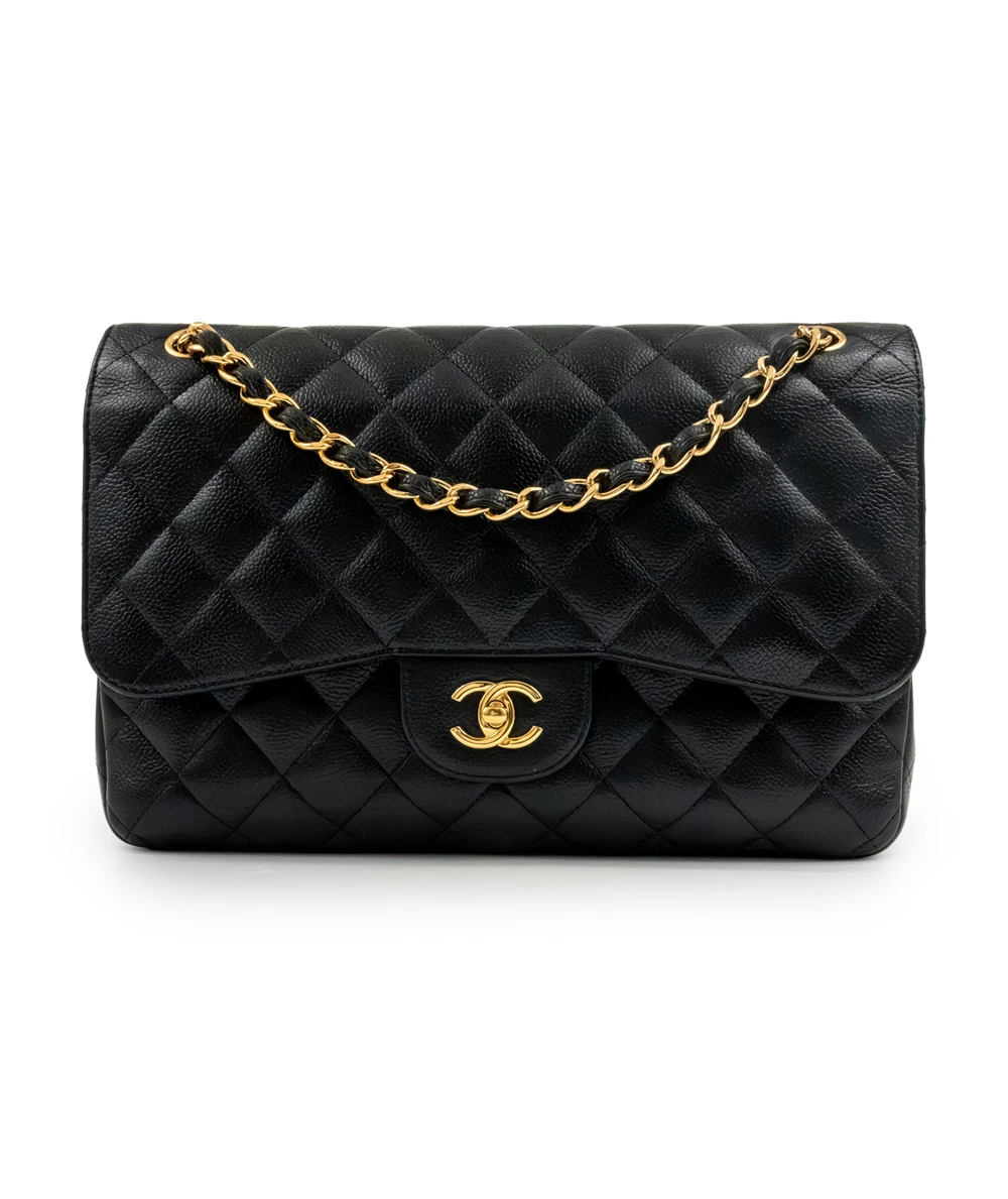 Chanel Black Double Flap Classic Jumbo Caviar Leather Handbag with Gold Hardware