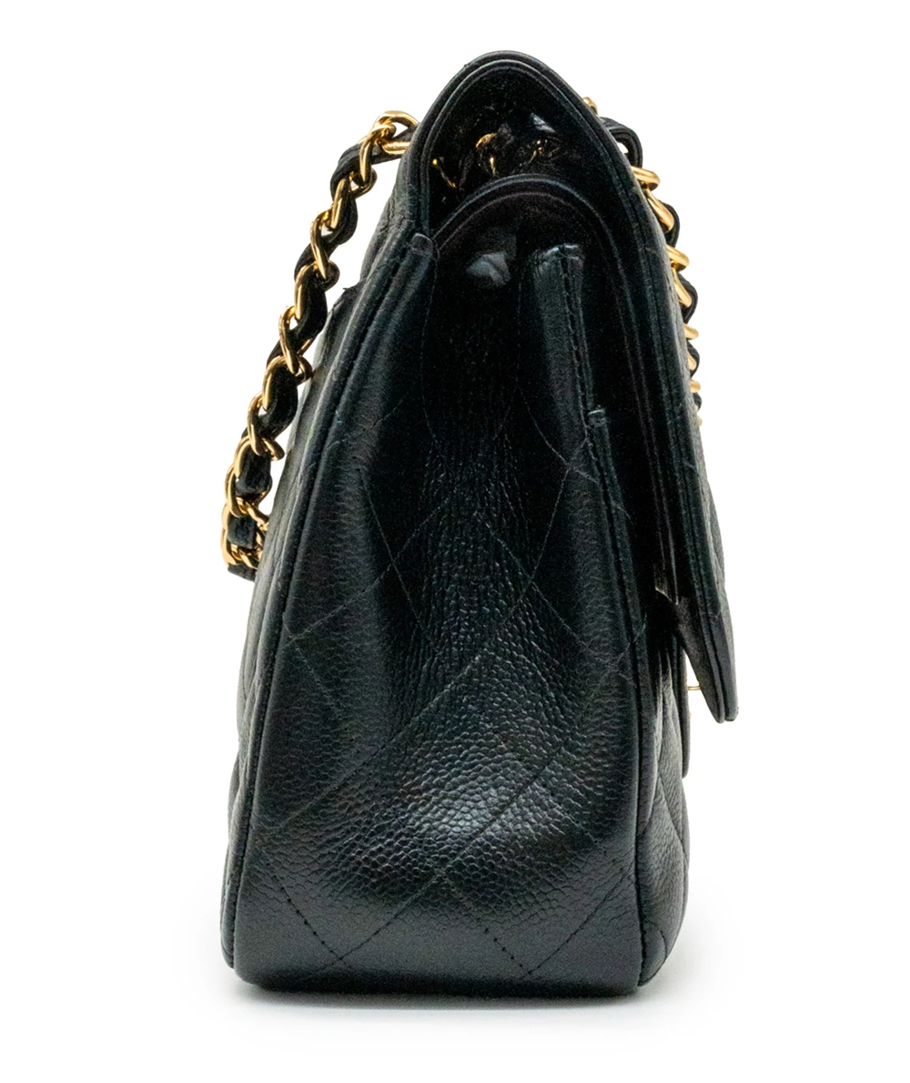 Chanel Black Double Flap Classic Jumbo Caviar Leather Handbag with Gold Hardware