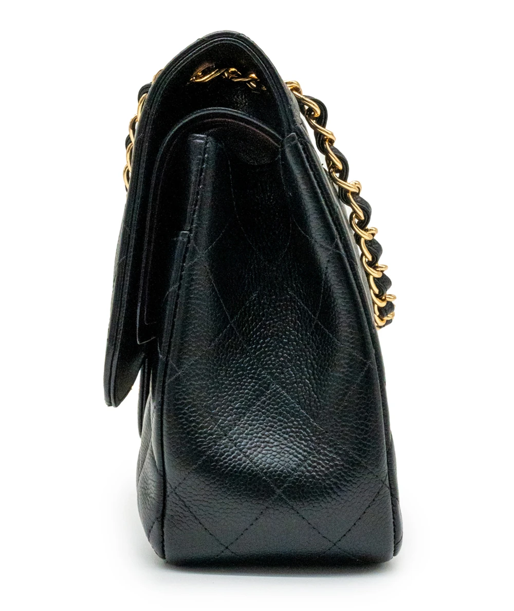 Chanel Black Double Flap Classic Jumbo Caviar Leather Handbag with Gold Hardware