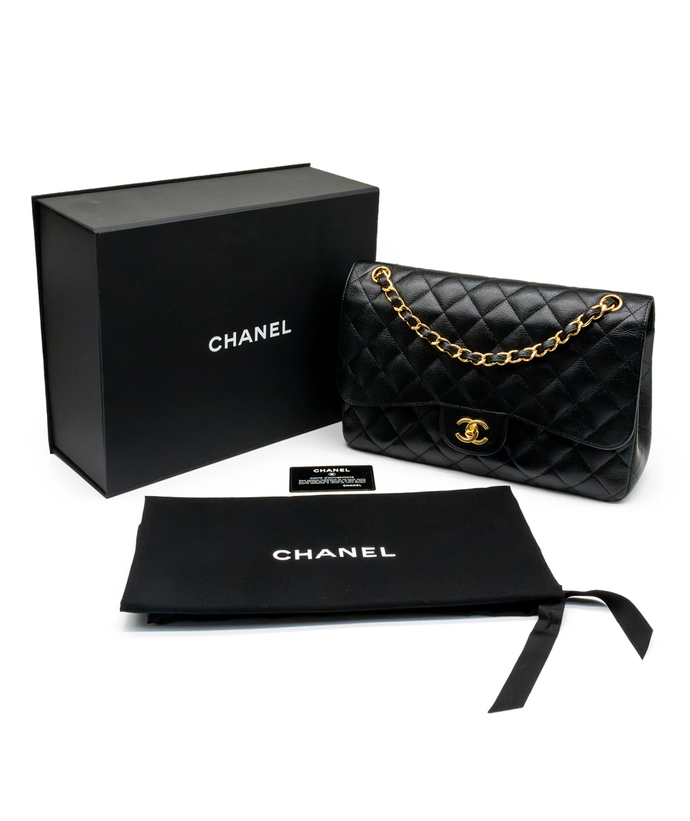 Chanel Black Double Flap Classic Jumbo Caviar Leather Handbag with Gold Hardware