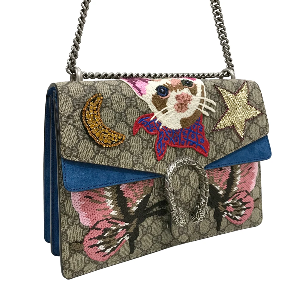 Gucci Beige/Blue Medium Dionysus Cat GG Supreme Canvas Chain Shoulder Bag