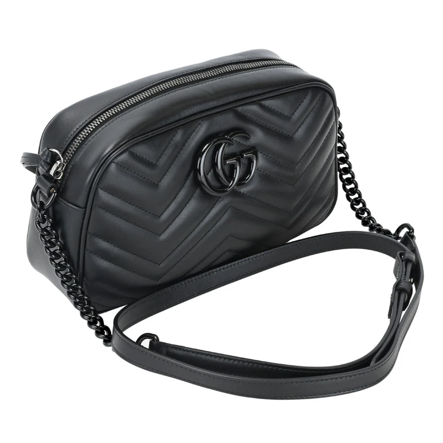 Gucci Black Calfskin Leather GG Marmont Small Chain Shoulder Bag