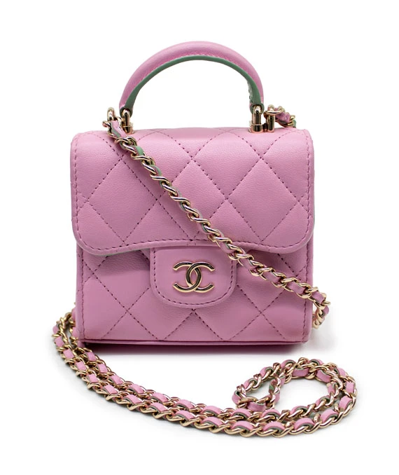 Chanel Pink  Green Lambskin Mini Matresse Top Handle Bag with Gold Hardware