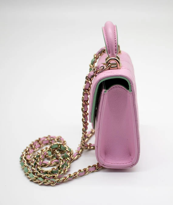Chanel Pink  Green Lambskin Mini Matresse Top Handle Bag with Gold Hardware
