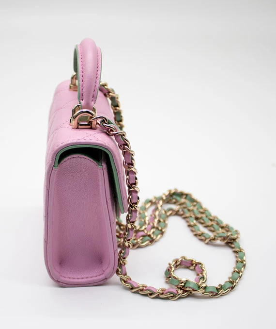 Chanel Pink  Green Lambskin Mini Matresse Top Handle Bag with Gold Hardware