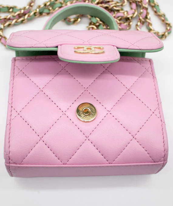 Chanel Pink  Green Lambskin Mini Matresse Top Handle Bag with Gold Hardware