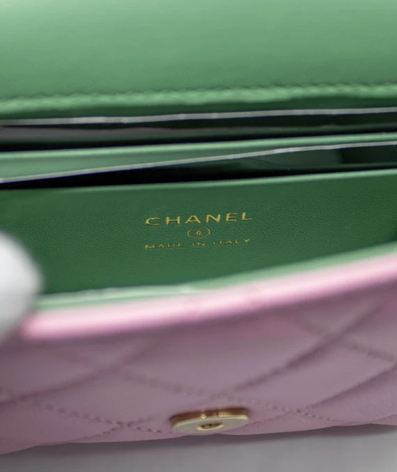Chanel Pink  Green Lambskin Mini Matresse Top Handle Bag with Gold Hardware