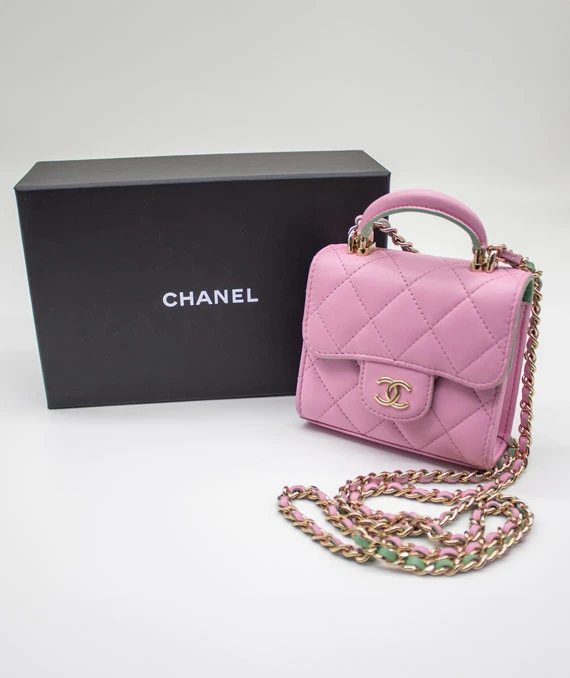 Chanel Pink  Green Lambskin Mini Matresse Top Handle Bag with Gold Hardware