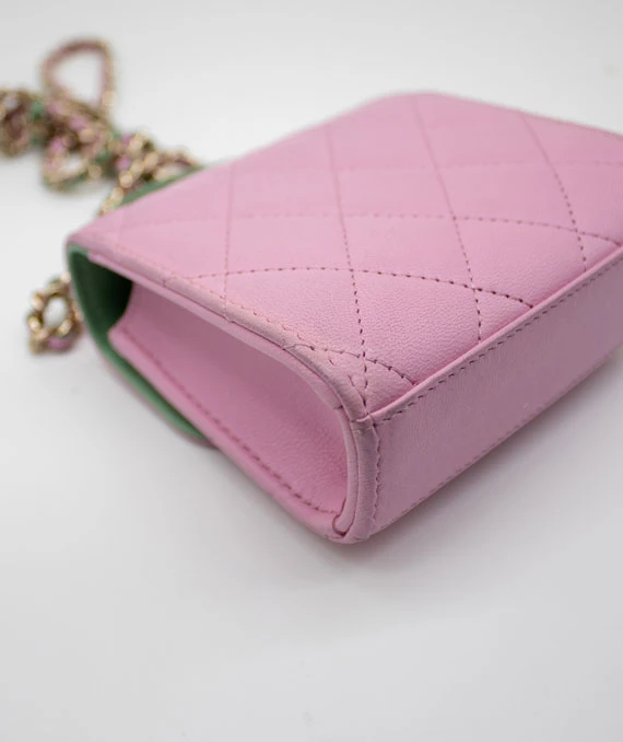 Chanel Pink  Green Lambskin Mini Matresse Top Handle Bag with Gold Hardware