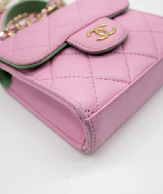 Chanel Pink  Green Lambskin Mini Matresse Top Handle Bag with Gold Hardware