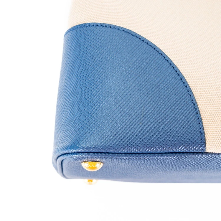 Prada Blue/Beige Canvas and Saffiano Leather Cuir Double Tote Bag