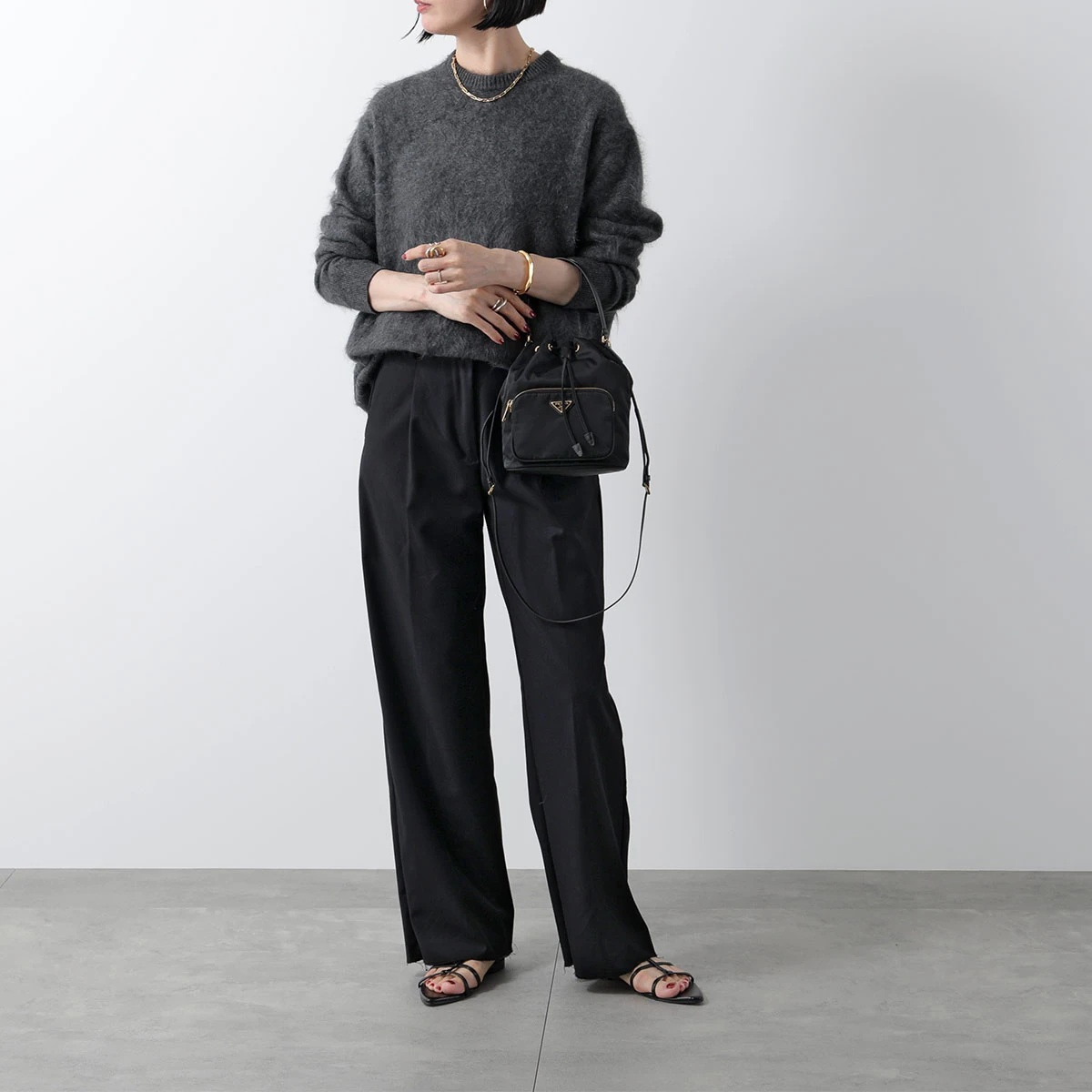 Prada Black Duet Nylon and Leather Drawstring Shoulder Bag