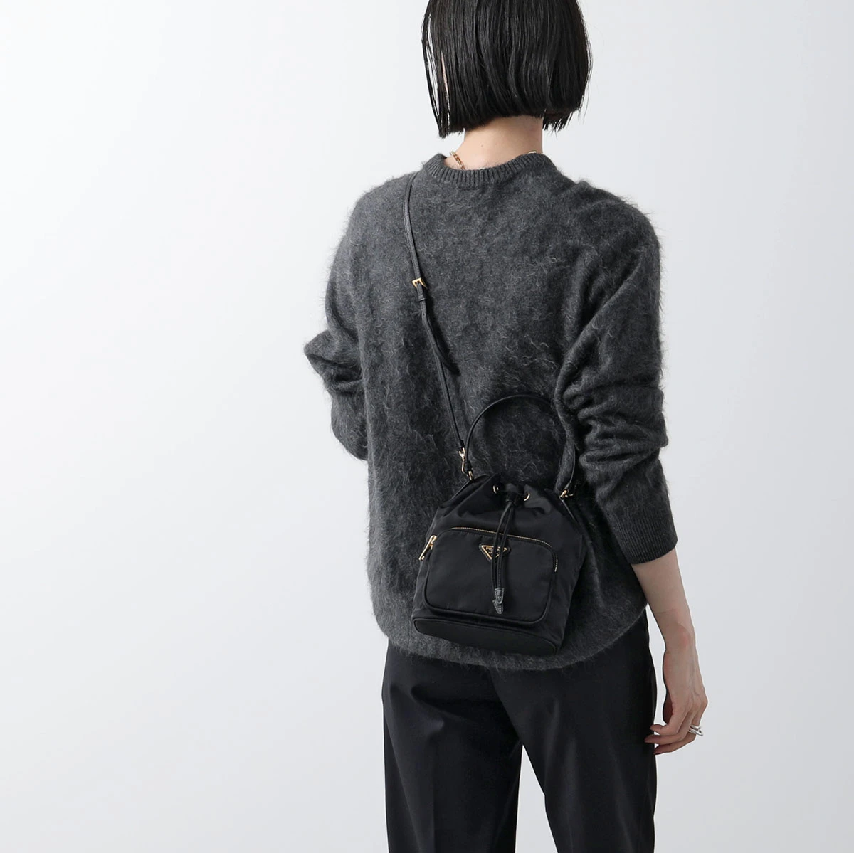 Prada Black Duet Nylon and Leather Drawstring Shoulder Bag