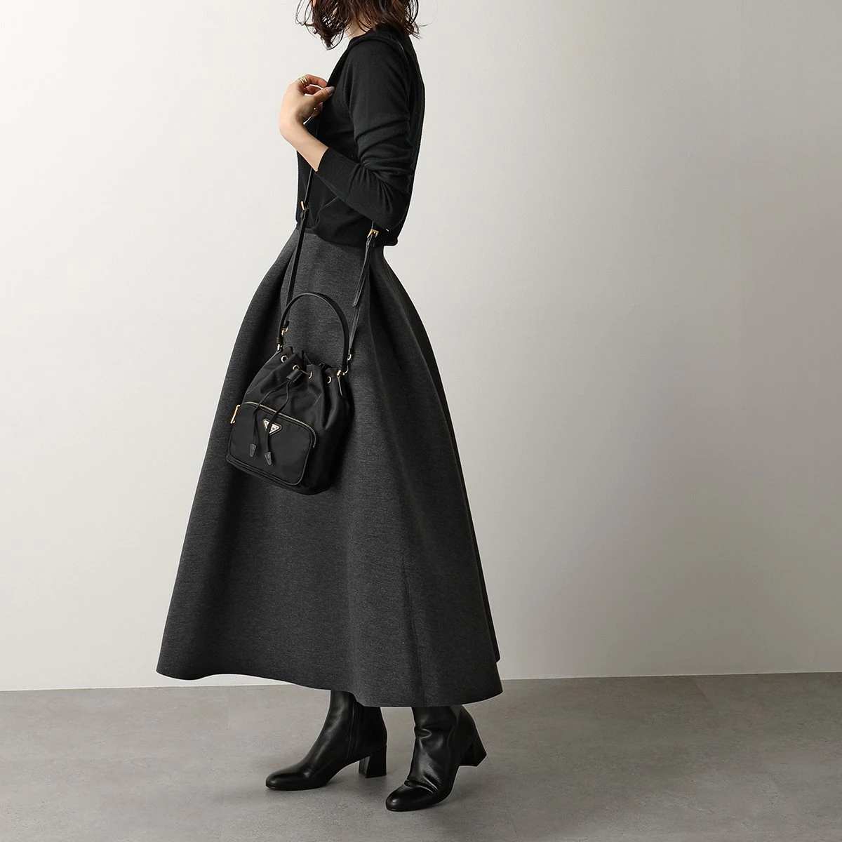 Prada Black Duet Nylon and Leather Drawstring Shoulder Bag