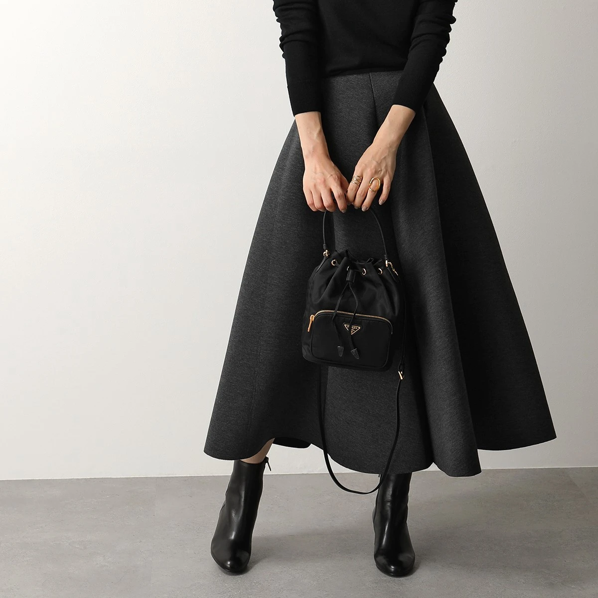 Prada Black Duet Nylon and Leather Drawstring Shoulder Bag