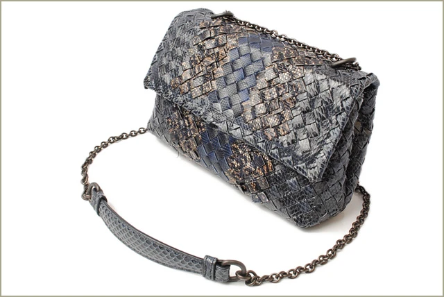 Bottega Veneta Grey/Navy Blue Intrecciato Snakeskin Olimpia Shoulder Bag