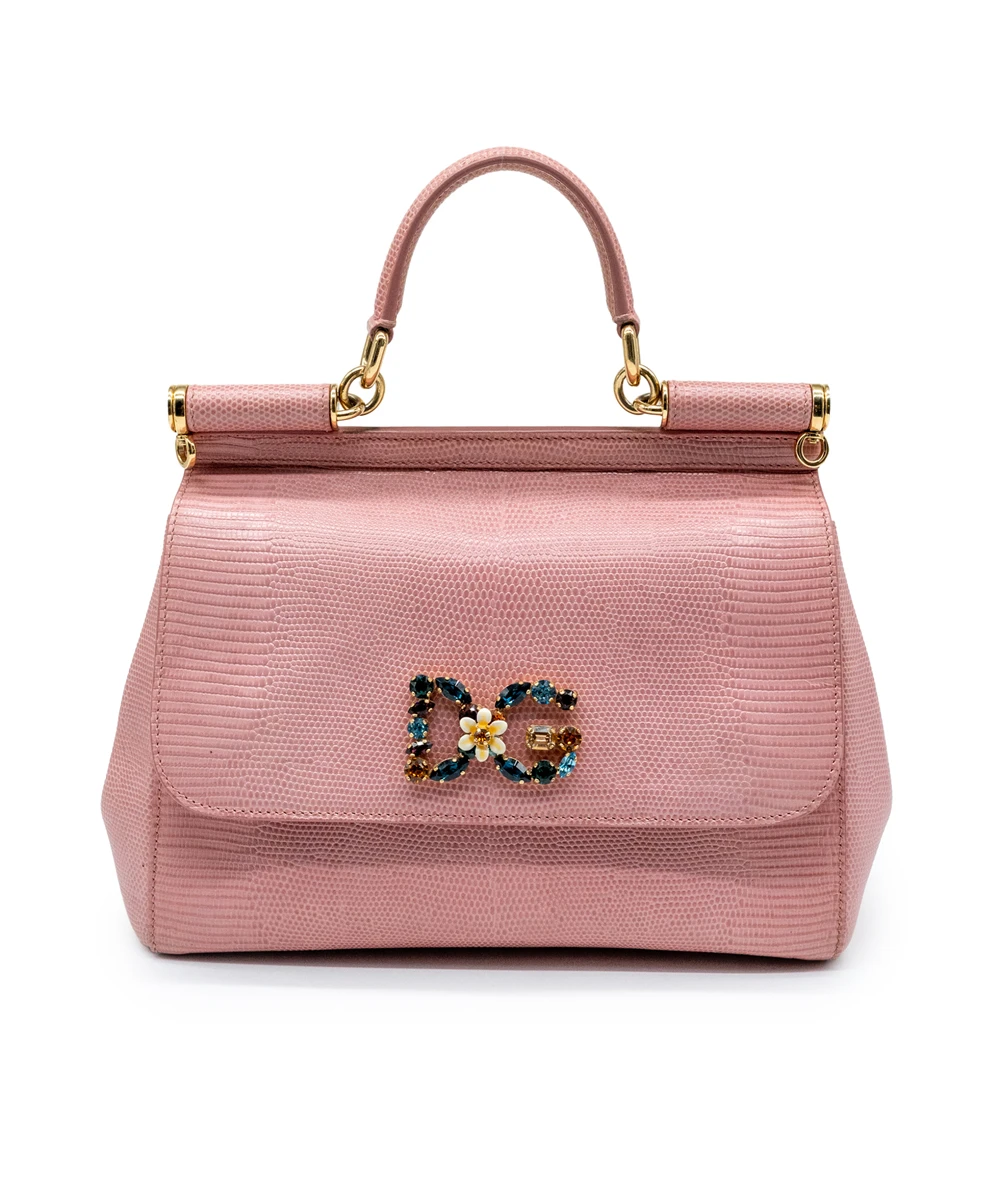 Dolce  Gabbana Pink Lizard Embossed Leather Medium Miss Sicily Top Handle Bag