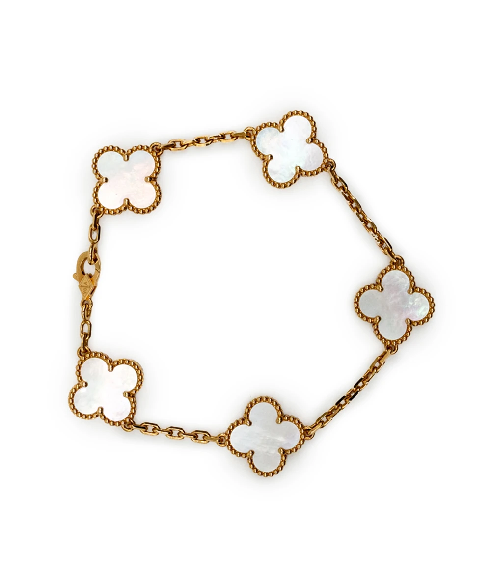 Van Cleef  Arpels Vintage Alhambra Mother of Pearl 18k Yellow Gold 5 Motif Station Bracelet