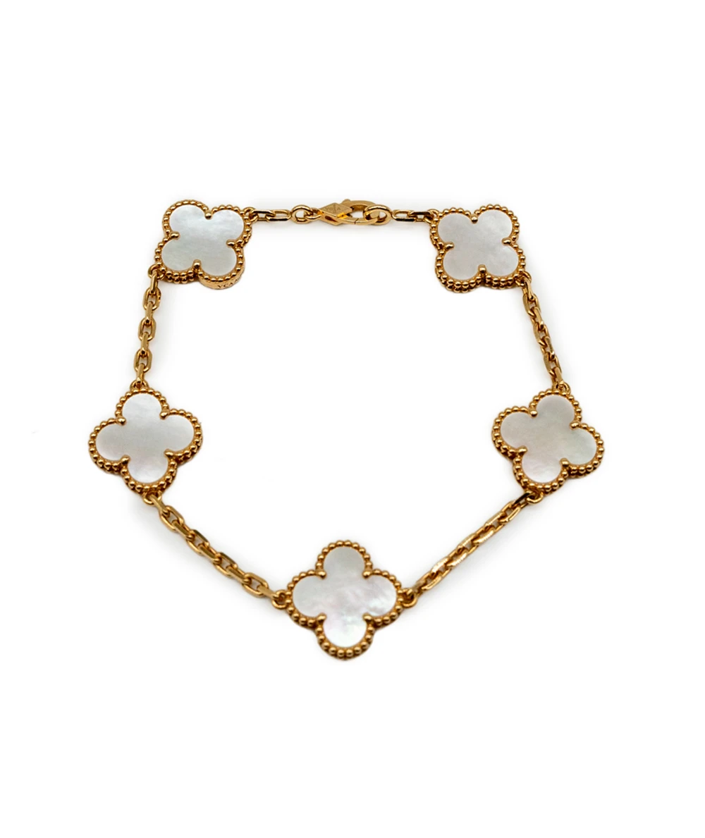 Van Cleef  Arpels Vintage Alhambra Mother of Pearl 18k Yellow Gold 5 Motif Station Bracelet