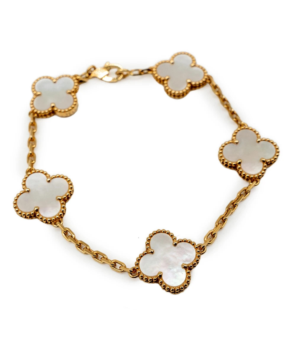 Van Cleef  Arpels Vintage Alhambra Mother of Pearl 18k Yellow Gold 5 Motif Station Bracelet