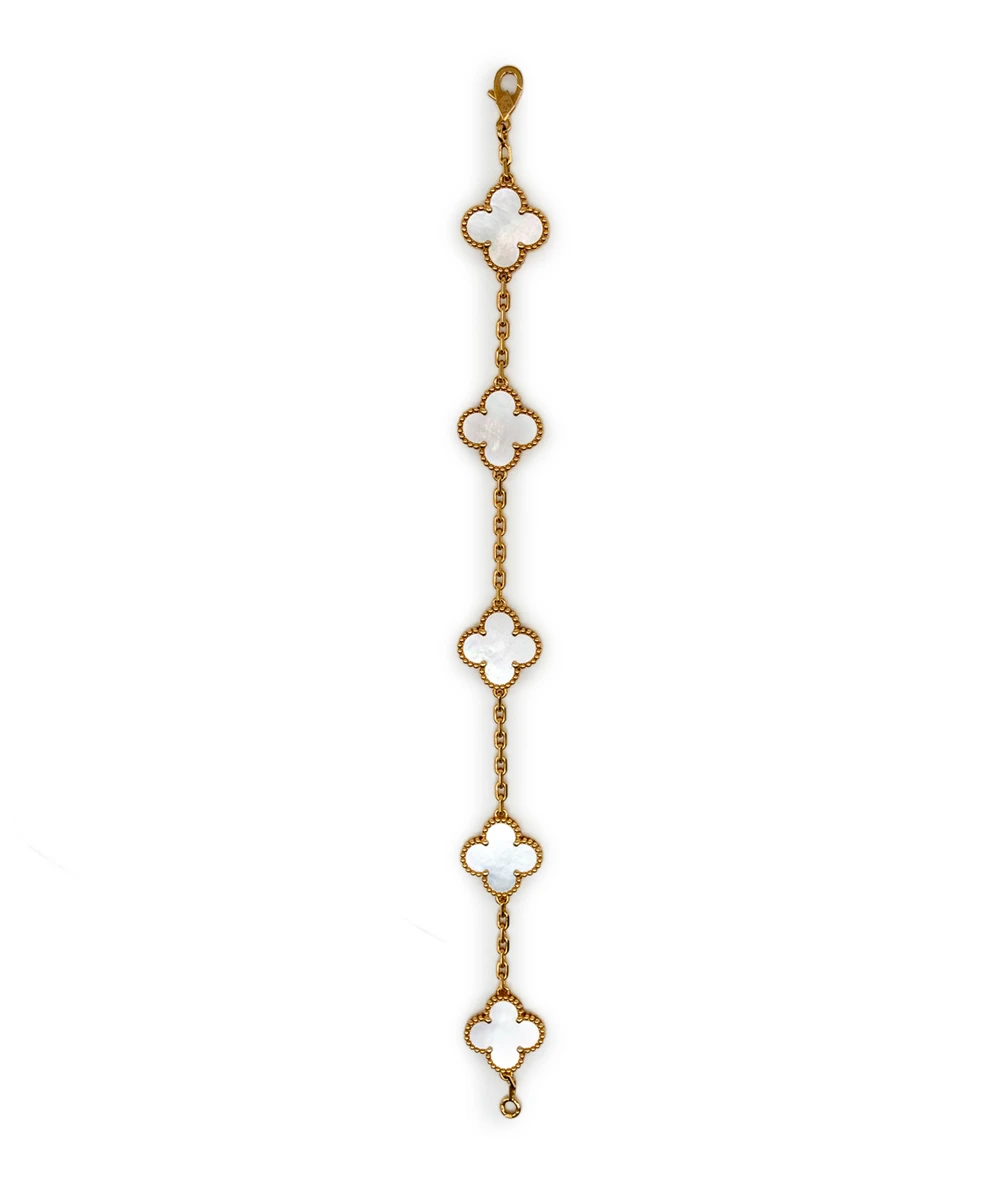 Van Cleef  Arpels Vintage Alhambra Mother of Pearl 18k Yellow Gold 5 Motif Station Bracelet