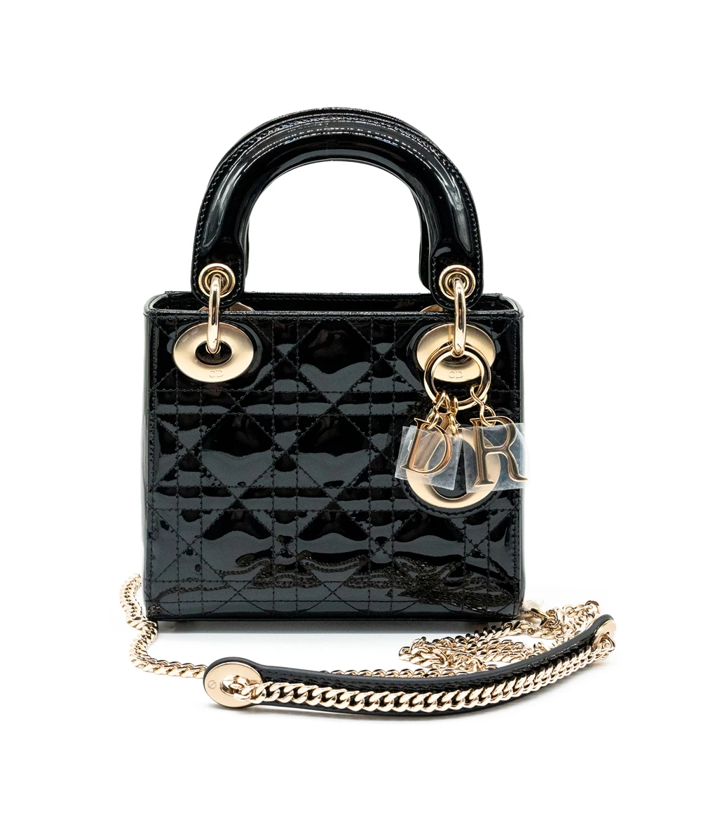 Christian Dior Black Color Cannage Mini Lady Dior Bag in Patent Leather