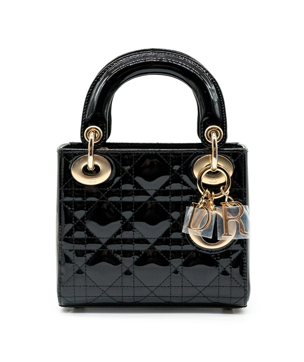Christian Dior Black Color Cannage Mini Lady Dior Bag in Patent Leather
