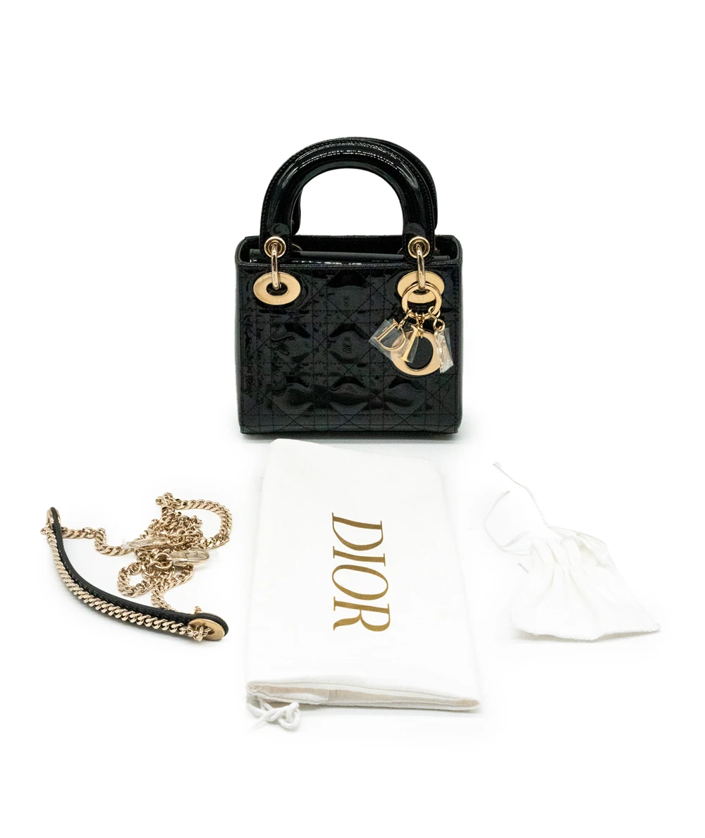 Christian Dior Black Color Cannage Mini Lady Dior Bag in Patent Leather